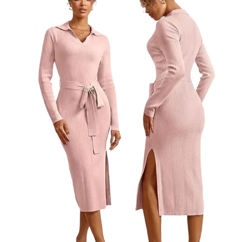 Collared Ribbed Midi Dress with Tie Waist - Blush Pink. Slim fit